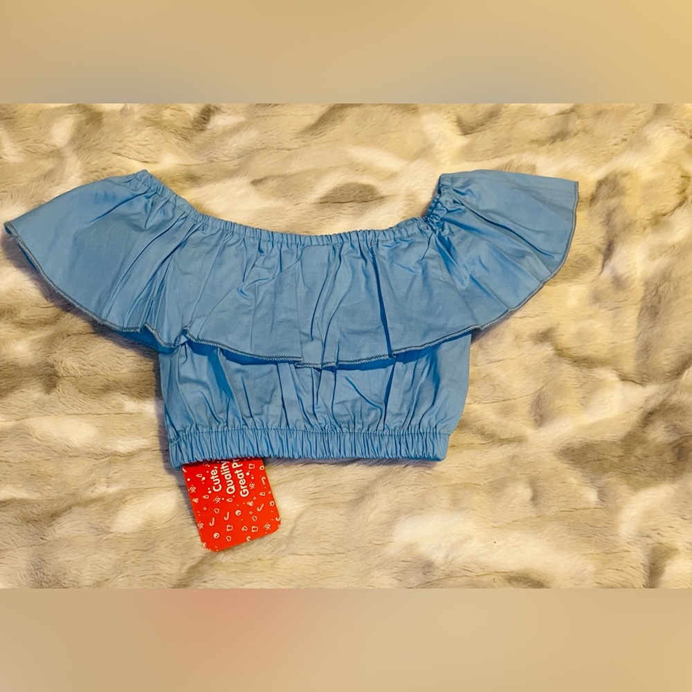 Parrot Sky Blue Off-Shoulder Ruffle Tank - Picture 2 of 6